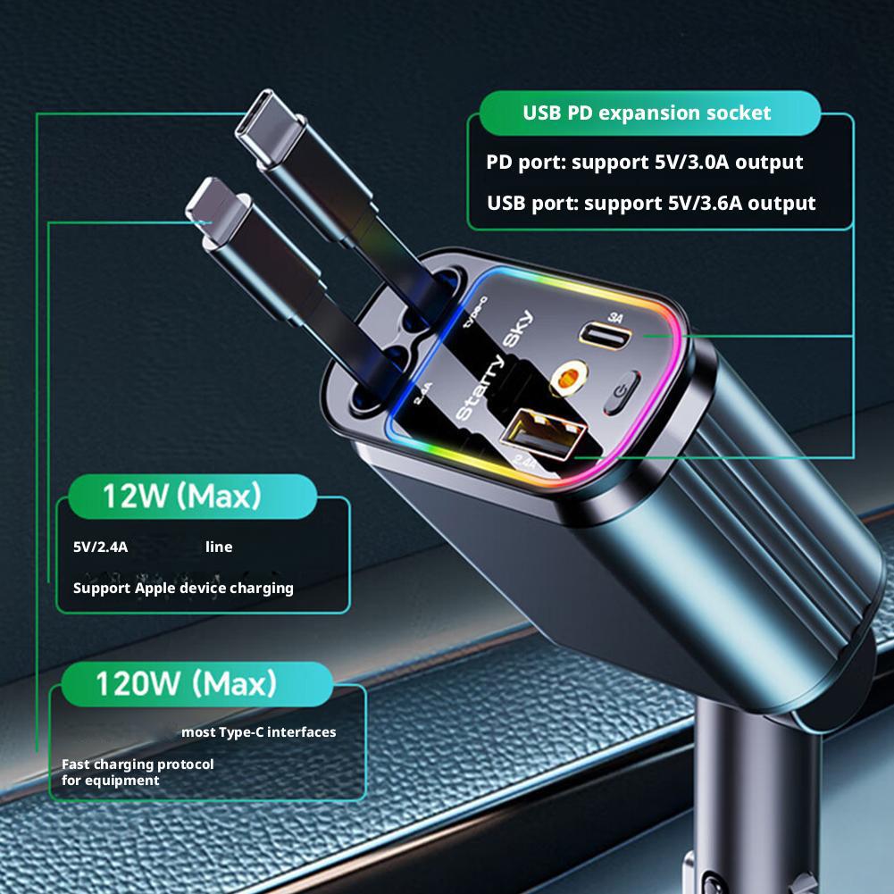 4 in 1 Retractable Car Charger with Starlight Roof Light