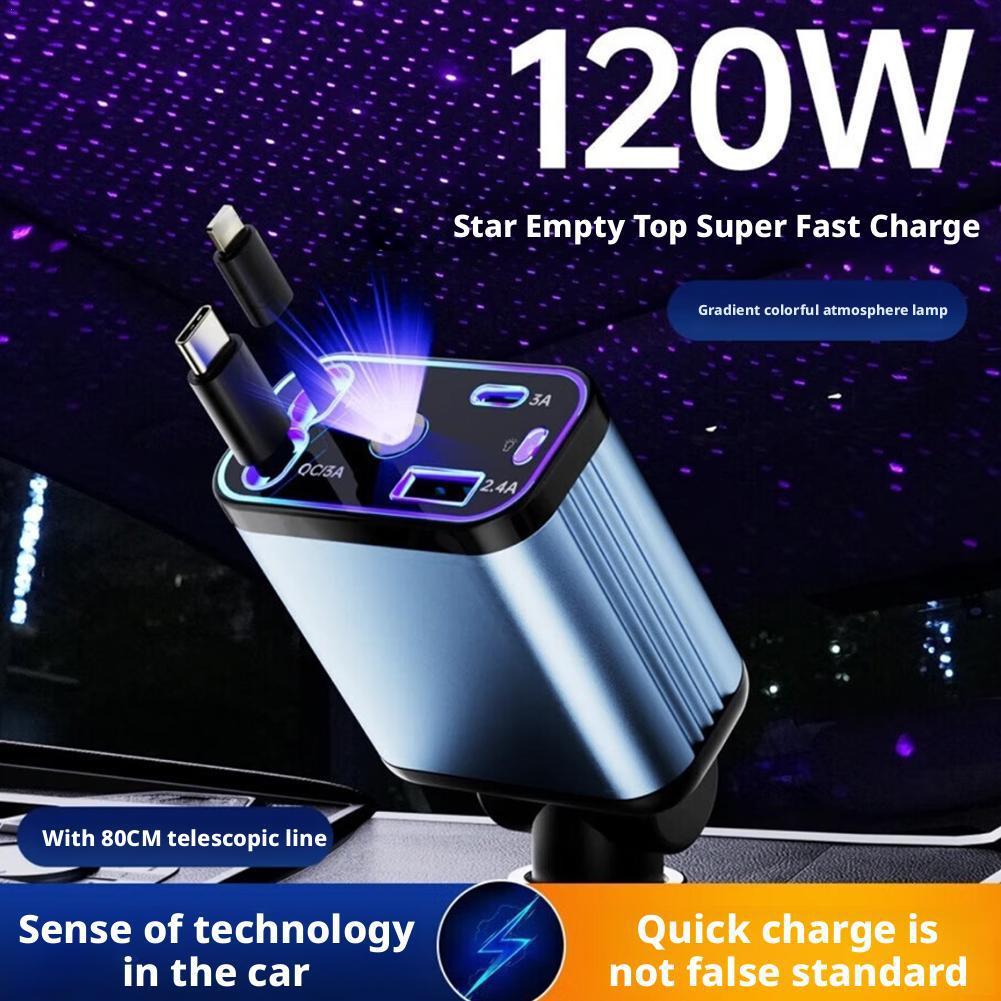 4 in 1 Retractable Car Charger with Starlight Roof Light